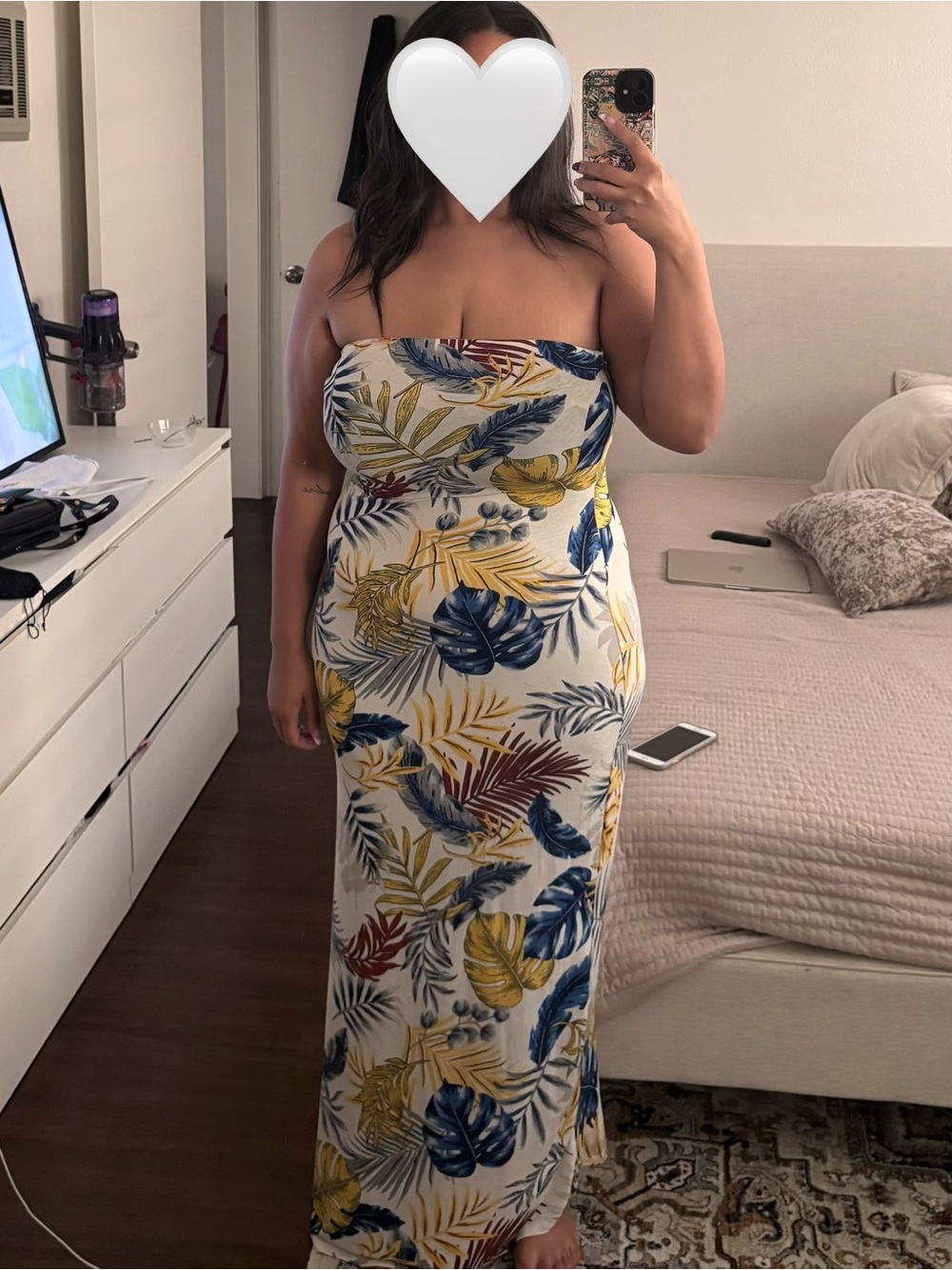 Fashion Nova Strapless Tropical Leaf Maxi Dress in White, Blue, Yellow